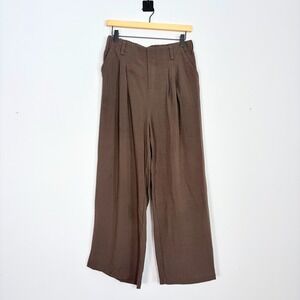 Halara Wide Leg Linen Look Work Pants Women Brown Elastic Waist Pleated